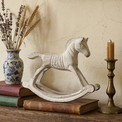 Vintage Casts Iron Rocking Horse Decorative Ornament Distressed White Figurine For Home