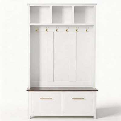 Multi‑functional 4‑in‑1 coat rack with 6 gold hooks; wood‑grain bench with ample storage space; entryway coat rack with 2 drawers, perfect for living rooms & hallways, White, 76.6" H