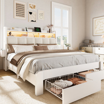 King Size Bed with 2 Storage Drawers & Upholstered Headboard, Platform Bed Frame with Led Lights & Charging Station, White