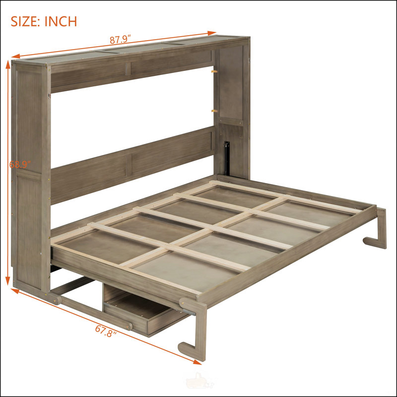 Grand lit escamotable mural avec rangement, Gris