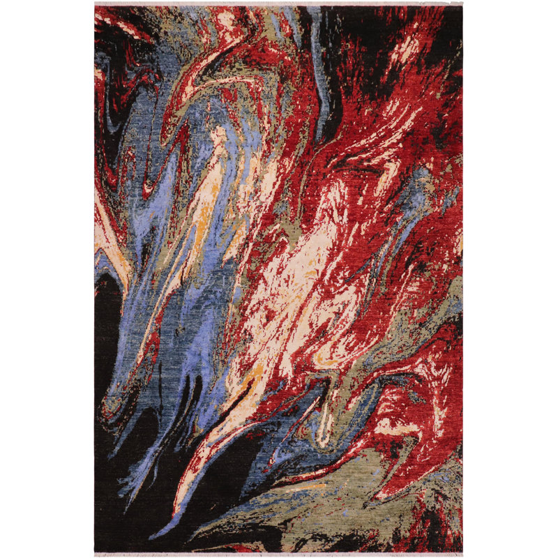 Tapis bleu / orange noué à la main de conception unique 7 pi 9 po x 9 pi 8 po Kellyanna