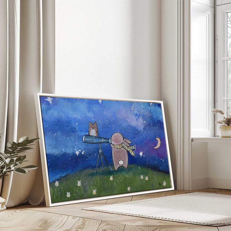 Nuit des lapins aux étoiles, H 20,75 po x l 30,75 po, Toile avec cadre, Blanc opaque