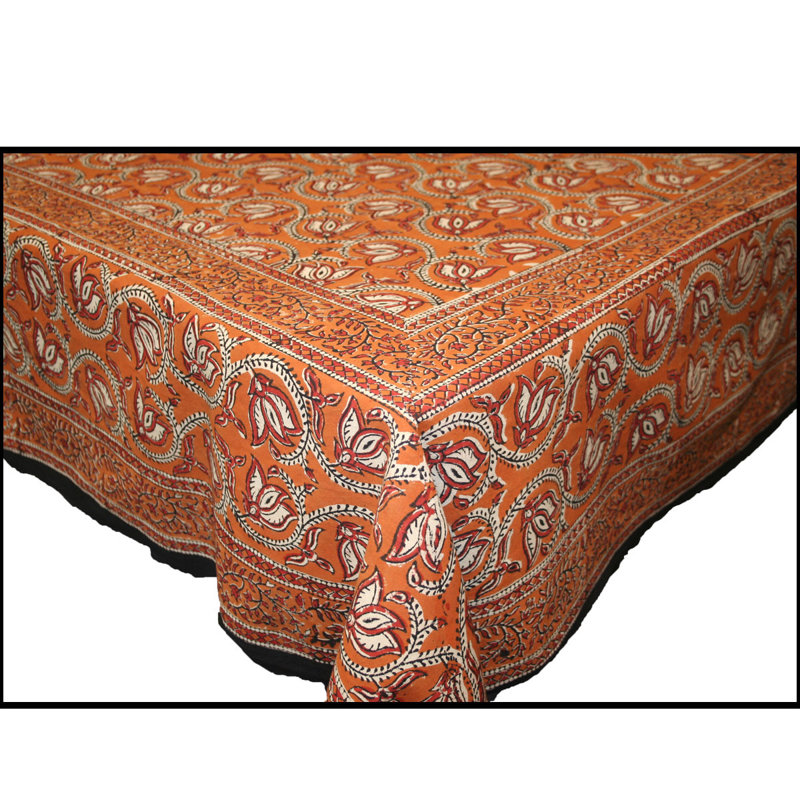 Oppenheimer Dabu Vine Block Printed Tablelcoth, 90" x 60", Orange