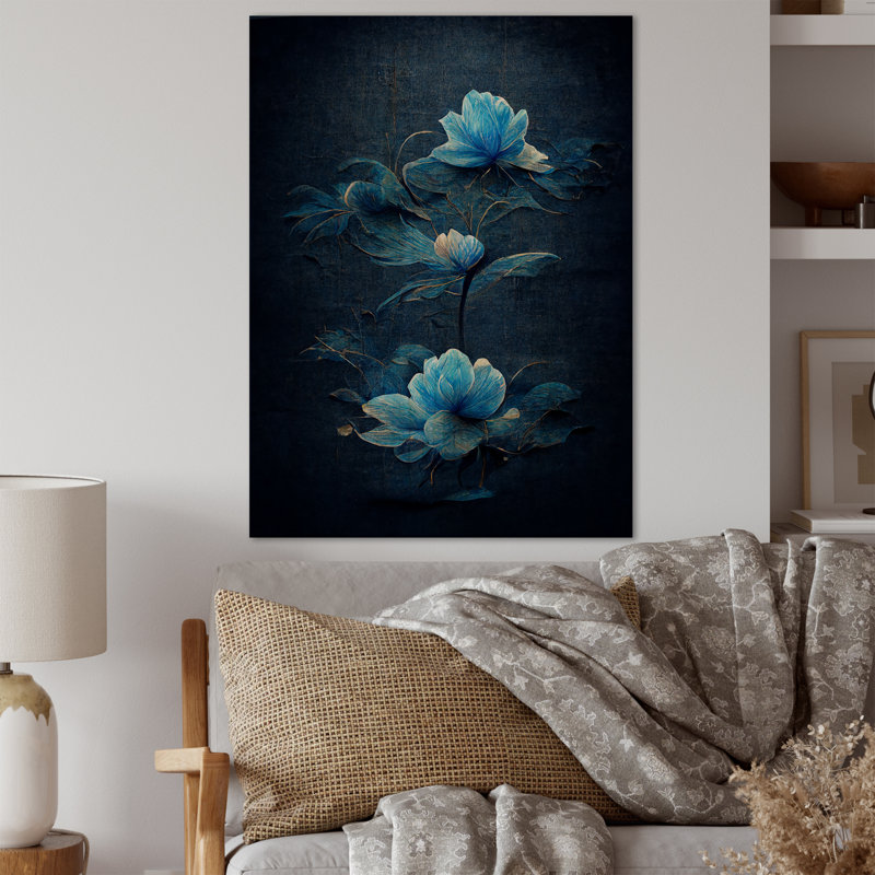 Fleurs rétro bleu clair chinois II - reproduction sur toile, Cadre photo noir, H 40 po x l 30 po x P 1,5 po