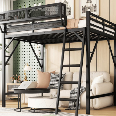 Lit mezzanine en métal Queen Size avec étagères de rangement, noir, idéal pour les ados, profondeur de 138 cm (54,3 po), étagère en filet, rembourrage antidérapant