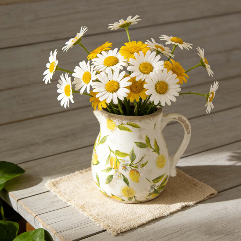 Ceramic Pitcher Vase With Lemon Motif, Rustic Textured Rim, Distressed Finish, And Versatile Decorative Functionality For Tabletops And Shelving.