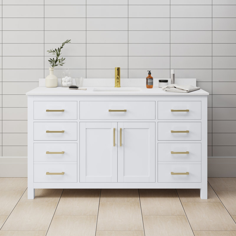 Beckett 60" Single Bathroom Vanity Set, White, White Cultured Marble, Brushed Gold