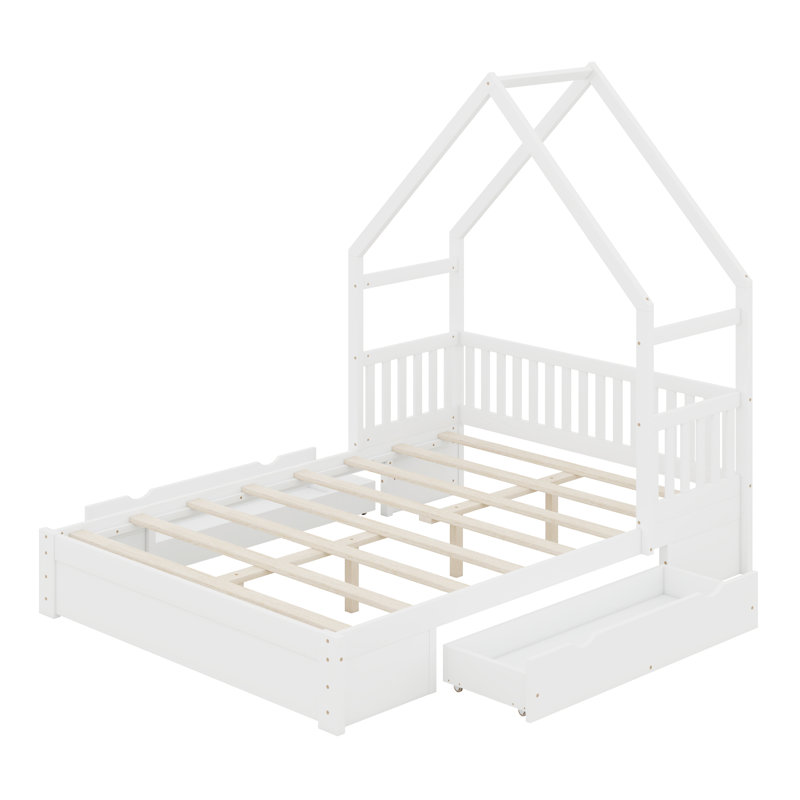 Lit plateforme en bois avec garde-corps de sécurité et 2 tiroirs, Blanc