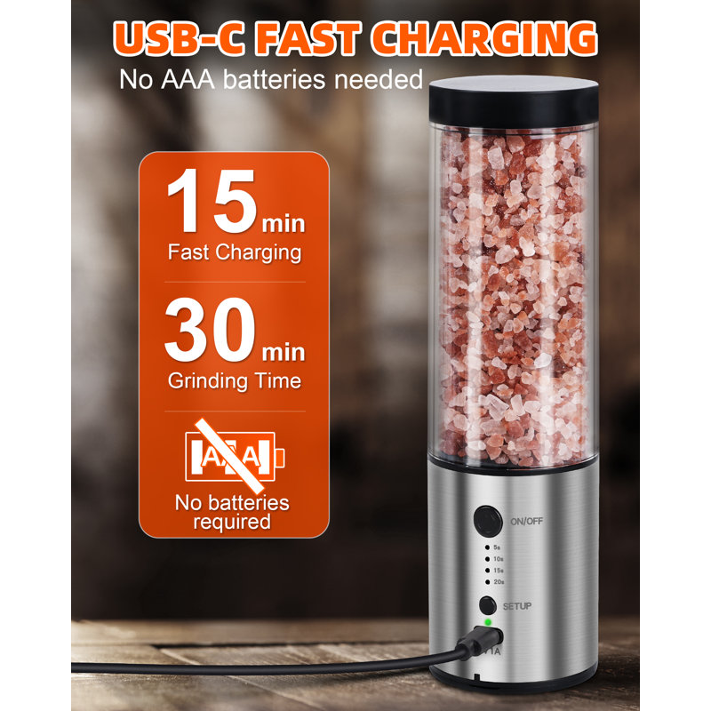 Ensemble de moulin à poivre et à poivre électrique, moulin automatique à grande capacité 240 ML avec 4 réglages de minuterie, rechargeable USB-C (1 paquet)
