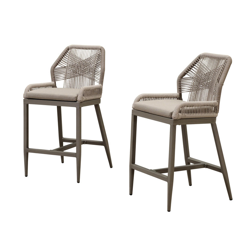 Purple Leaf Patio Upcycled Fabric Bar Stools 28" H Set Of 2 Handwoven Wicker Bar Height Stool Modern Aluminum High Bar Chairs Outdoor Wicker Barstools With Back And Cushion For Kitchen Pool Island
