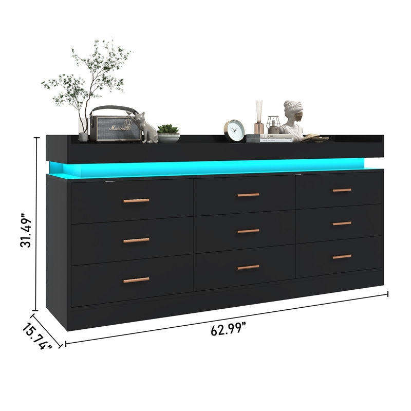 Tyson 9 - Drawer Dresser with LED Strip and Quick-charging Power Station, Black