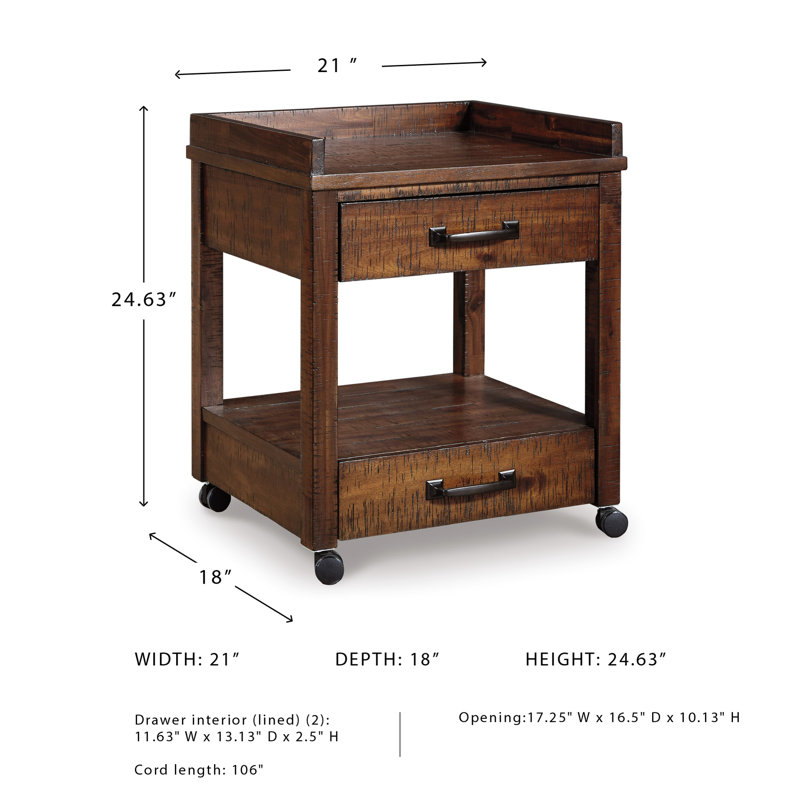 Table de bout à 2 tiroirs avec rangement et prises intégrées Conch Wheel