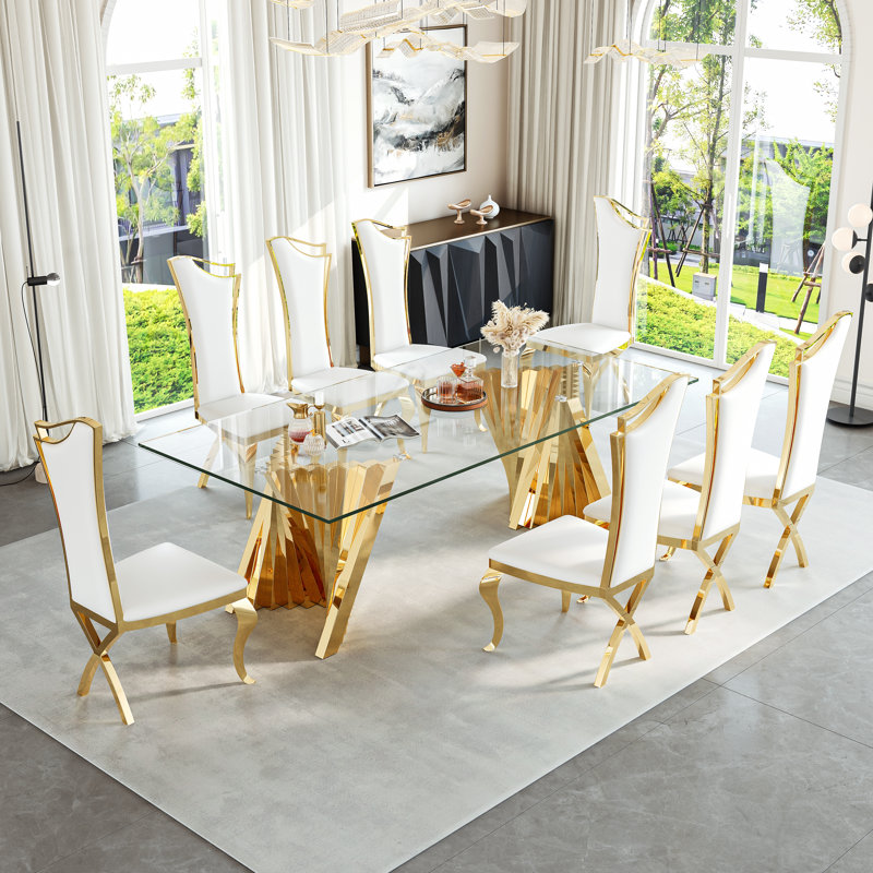 8 - Person Glass Top Double Pedestal Dining Set, Gold, White/Gold