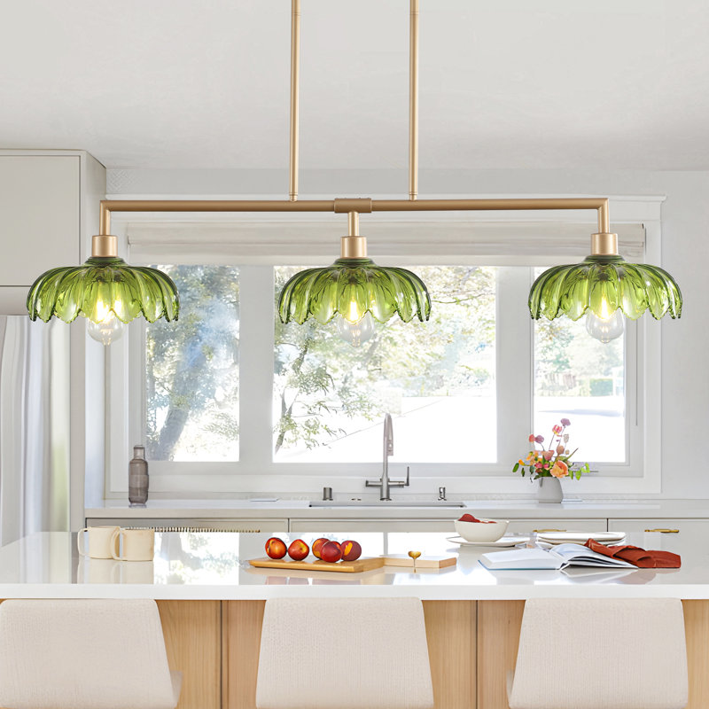 Luminaire suspendu de style lustre rustique 3 lumières avec abat-jour en verre 3 lumières 42,5 po, Métal satiné métallique