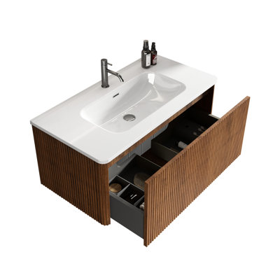 Meuble-lavabo rayé en noyer de 36 po, lavabo en céramique intégré blanc