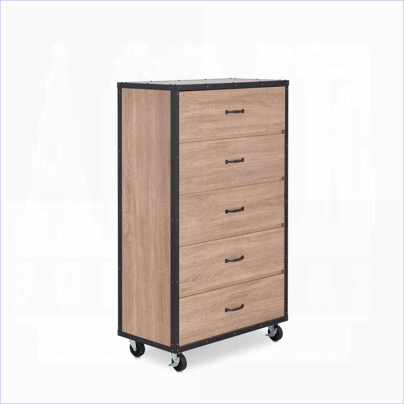 Commodes et amp; Armoires, commode industrielle à 5 tiroirs, chêne clair patiné avec glissières en métal Roulettes | Chêne | Panneau de particules et panneau de fibres à densité moyenne
