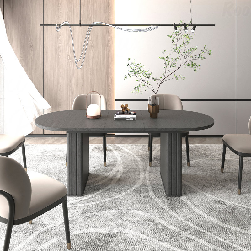Extendable Dining Table 4-8 Person Oval Wooden Strip Base Family, Black
