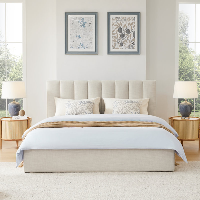 Delmar Upholstered Platform Bed, Queen, Effie Linen Performance Linen