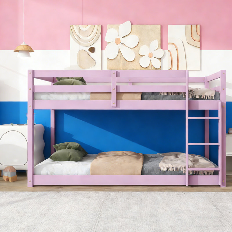 Twin Over Twin Solid Wood Bunk Beds With Ladder, Pink