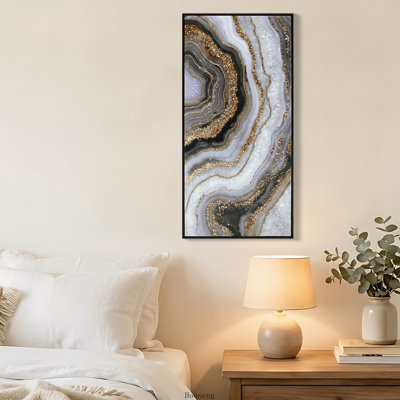 Tableau abstrait sur toile à texture marbre noir et or (51 x 102 cm), décoration murale moderne et minimaliste de petite taille pour chambre et bureau.