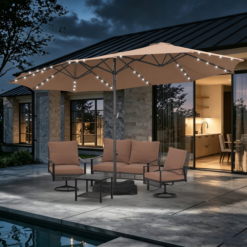 Ensemble de conversation pour 4 personnes avec parasol de patio et lumières solaires, Khaki