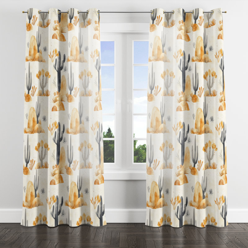 Abstract Window curtains - Black Boho Desert Minimal Grommet Curtain - 1 Panel, Gold Grommets, 52" W x 90" L