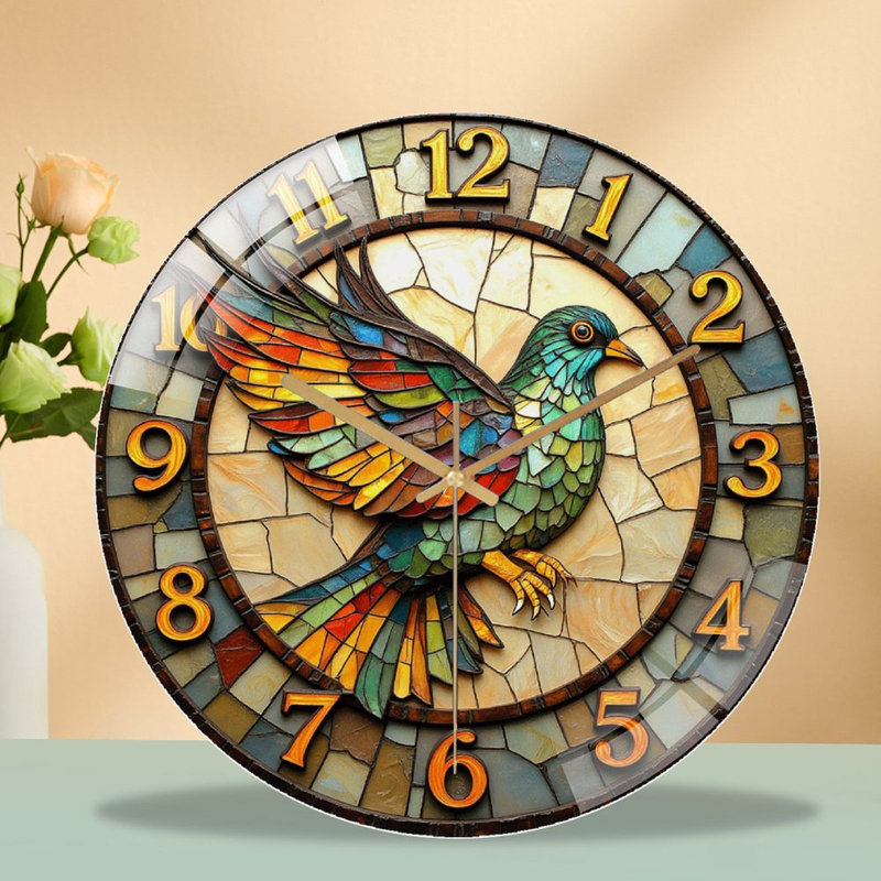 Stained Glass Colorful Bird Wall Clock Art Art - 12'' Modern Glass Wall Clock