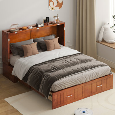 Lit escamotable avec armoire Murphy, grand lit escamotable avec matelas pliant en trois et ports de charge USB, lit d'invité pliable moderne avec grand tiroir de rangement pour le salon, les espaces de chambre à coucher