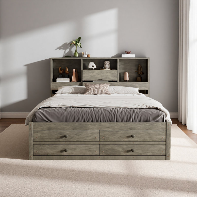 Lit plateforme avec tête de lit avec rangement et 8 tiroirs, Gris
