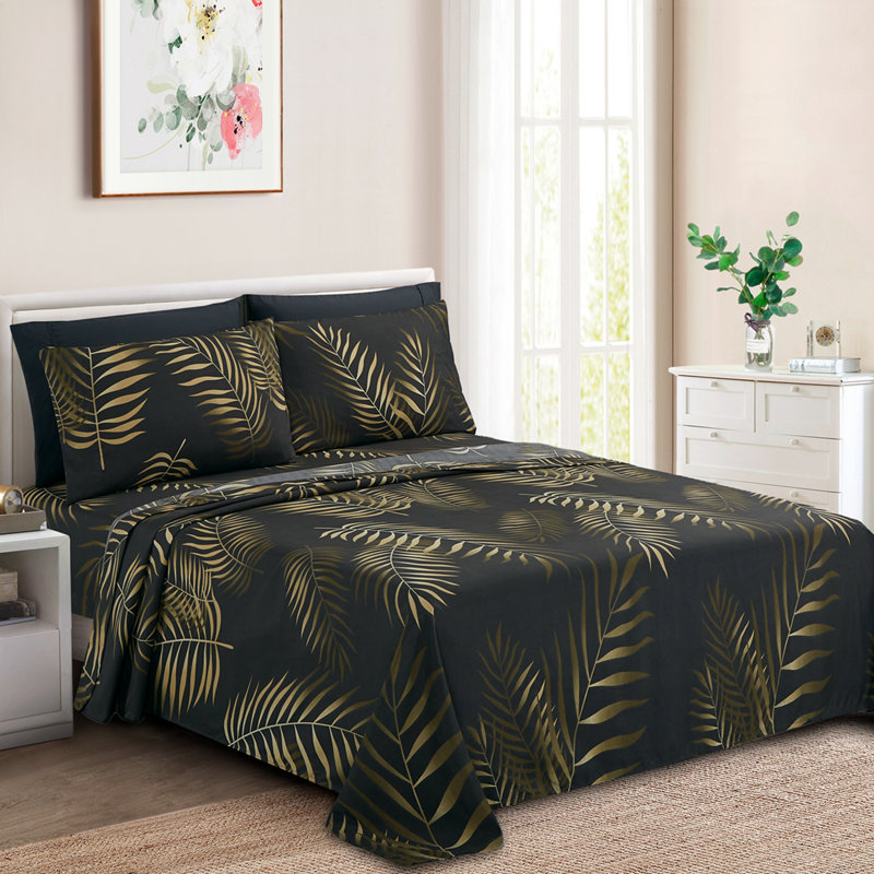 Marina Decoration Home Decor Bedding Bedroom Bedsheet Soft Silky Deep Pocket Rayon from Bamboo All Season 4 Pieces Printed Sheet Set with 2 Pillowcases, Modern Black Gold Palm Leaf Pattern Twin/Single