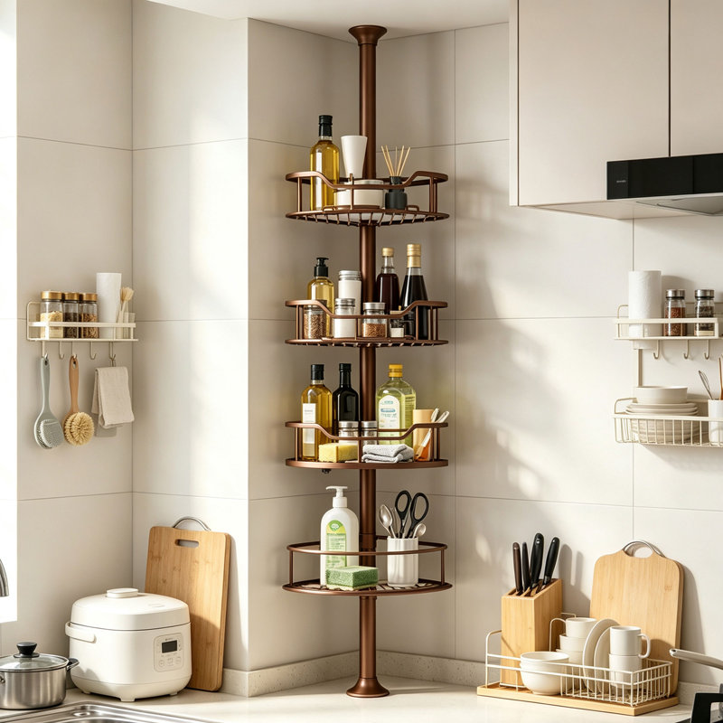 Étagère de douche d'angle réglable à 4 niveaux en acier inoxydable avec barre de tension, Brown