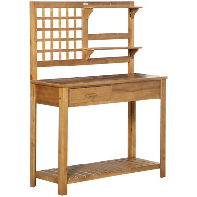 Outsunny Potting Bench Table, Garden Work Bench, Outdoor Wooden Workstation With Tiers Of Shelves And Drawer For Patio, Courtyards, Balcony, Brown