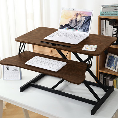 32 Inch Sit To Stand Desk , Height Adjustable Workstation With Dual Monitor And Laptop Setup, Wide Keyboard Tray, Walnut Finish, Spacious For Office Use Standing Converter, Colored, Structure Work