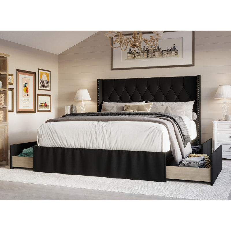 Javionte Upholstered Wingback Storage Bed, Full, Black