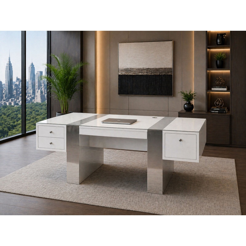 Nero Executive Desk with Glass Top – White Lacquer, White Lacquer