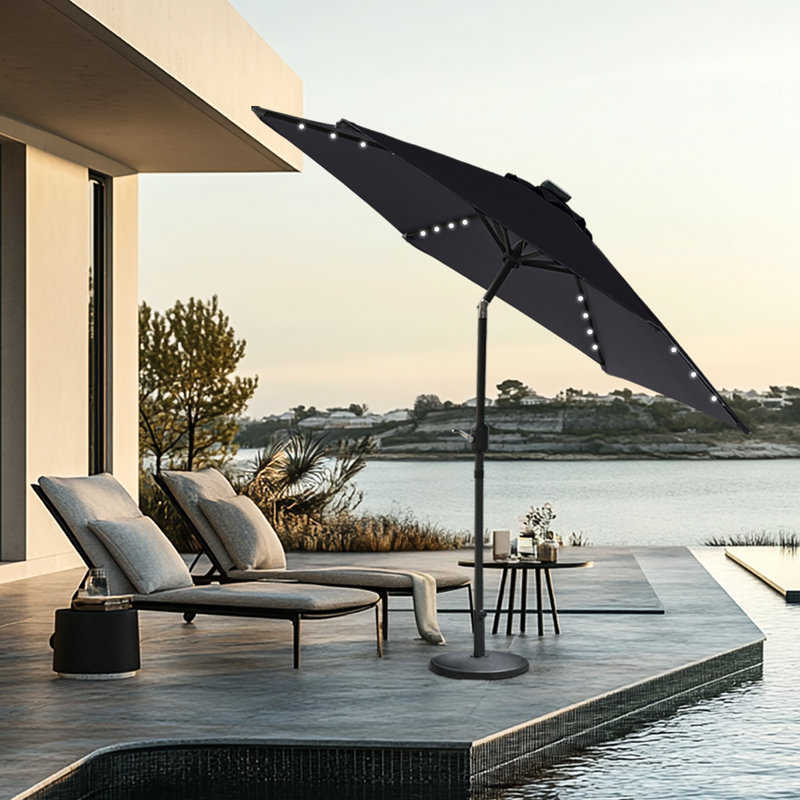 2.5M Round Garden Parasol Solar LED Lights Umbrella Tilt Crank with Base, Black