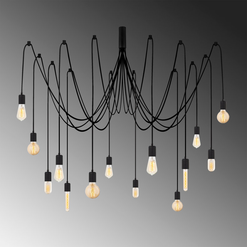 Modern Black Chandelier, Adjustable Height, 84.3 x 84.3 inches | Metal Body, Socket Type: 14 x E27 Max 40W | Base Plate: 6.3 inches Diameter | Elegant Industrial Design for Home & Office Lighting