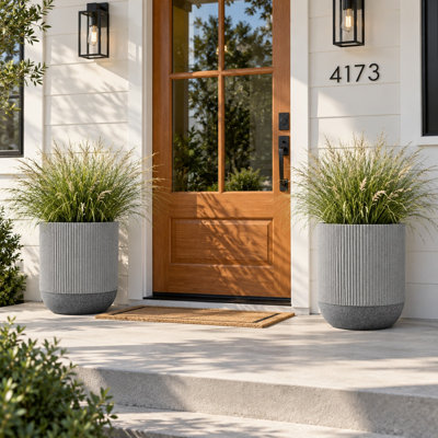 14"H Kute Nest Ribbed Radius Fiberstone Planter - Charcoal