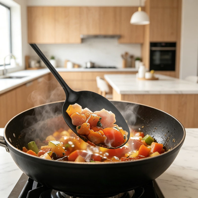 Ensemble d'ustensiles de cuisine 6 pièces en acier inoxydable avec poignée en bois résistant à la chaleur Professional
