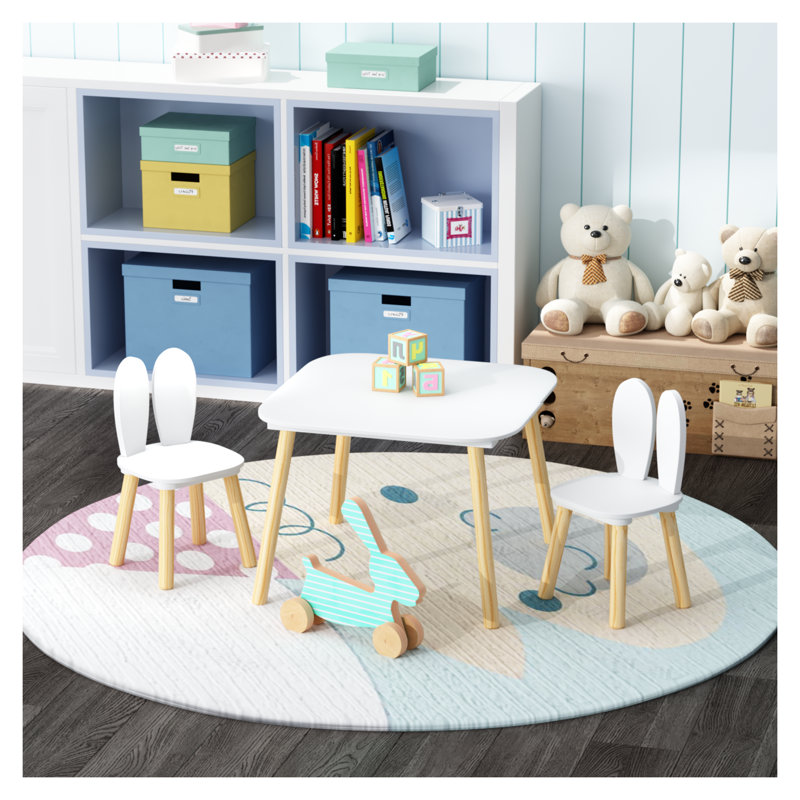 Ensemble de table et de chaises pour enfants avec 2 fauteuils à oreilles de lapin - Ensemble de 3 tables de jeu en bois pour tout-petits pour salle de jeux pour enfants, blanc