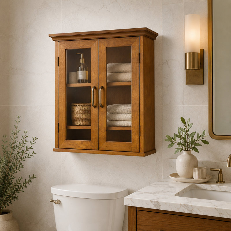 Over The Toilet Bathroom Wall Cabinet with Glass Paneled Doors, 2 Adjustable Shelves, Antique Brass Knobs, Oiled Oak Medicine Cabinet for Bathroom Storage