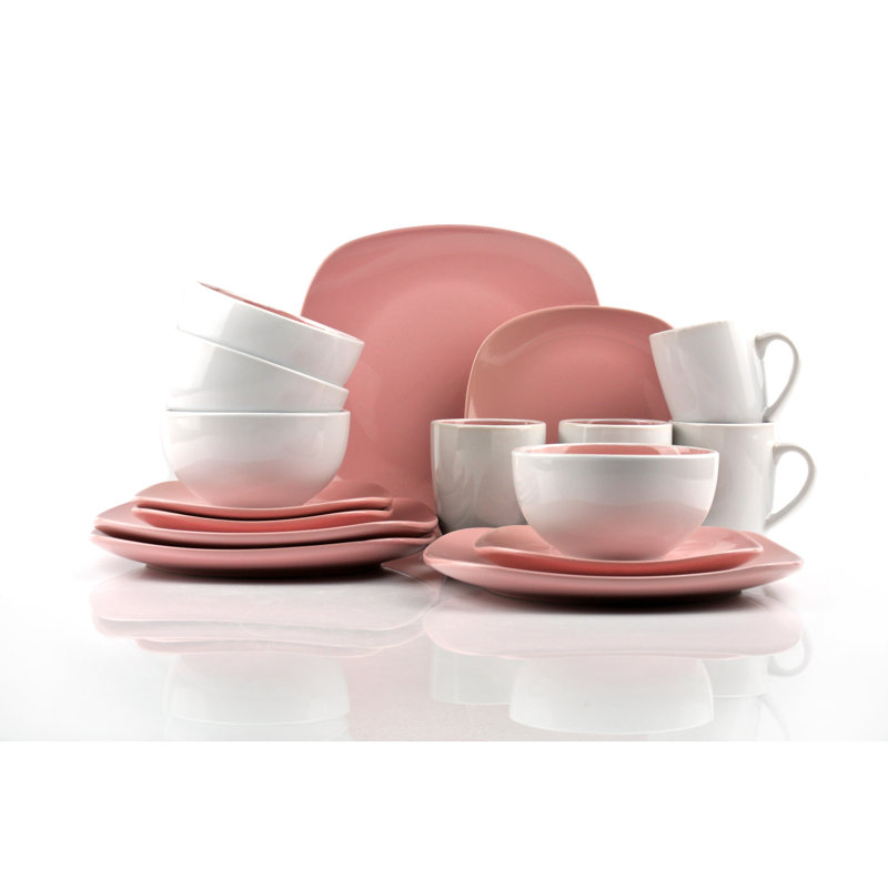 Nova Ceramic Dinnerware Set 16 Piece - Service for 4, Pink/White
