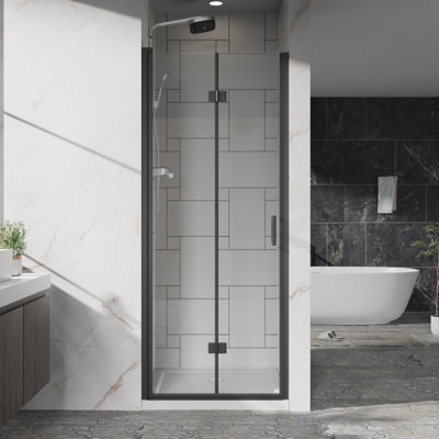 Goodyo 30"X 72" Pivot Bifold Frameless Glass Shower Door 1/4 Inch (6Mm) Tempered Clear Glass Swing Shower Panel In Black Finish, Reversible Installation