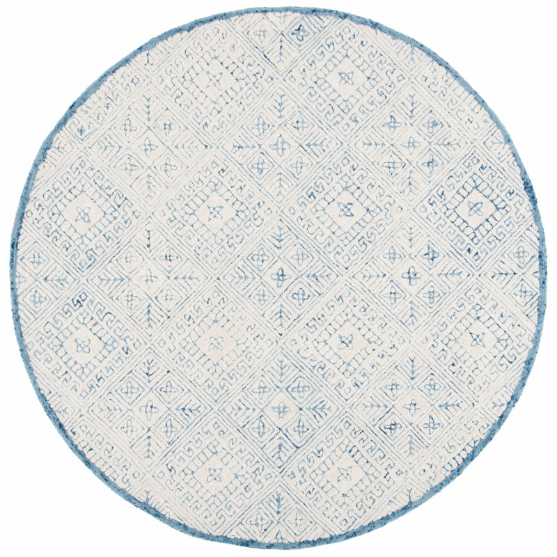 Crowell Geometric Handmade Tufted Wool Blue/Ivory Area Rug, Round 6'