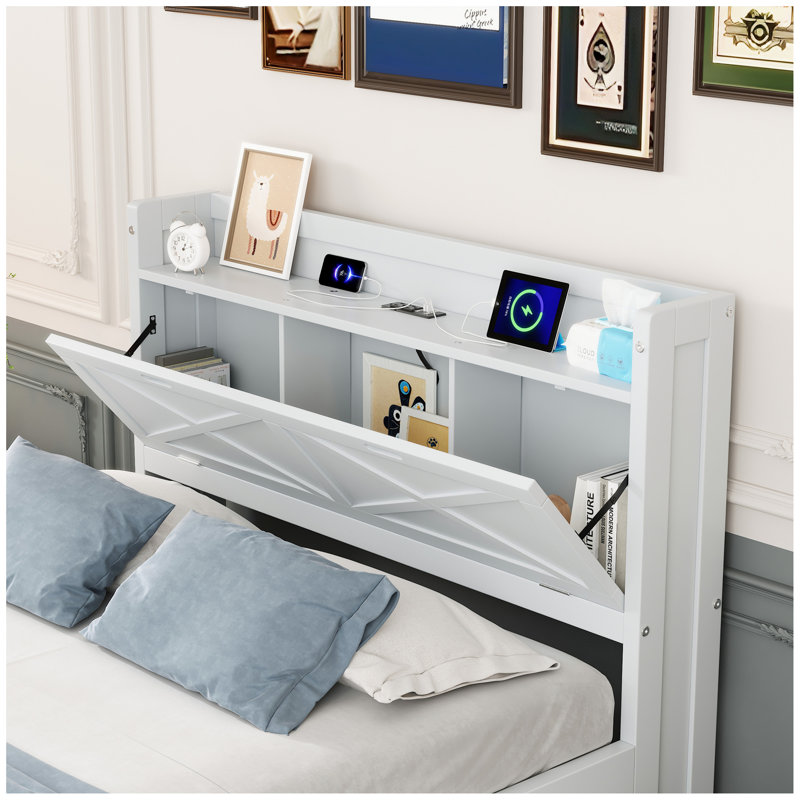 Lit en bois avec tête de lit avec prises de courant, lit extensible avec lit gigogne simple avec trois tiroirs de rangement
