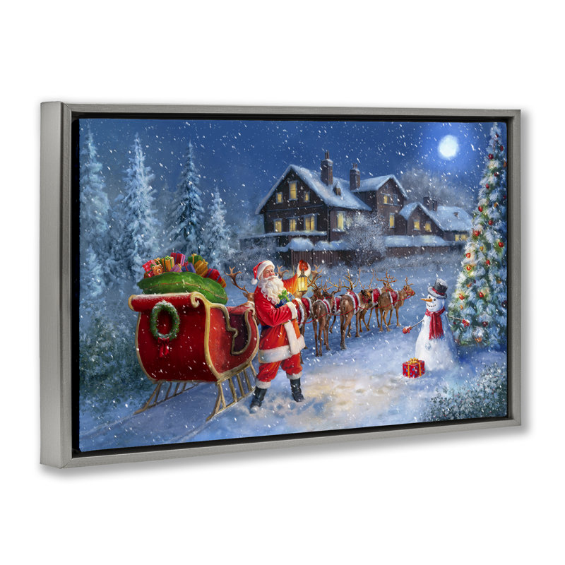 «Santa's Sleigh & Lantern» par Grateful Licensing Studio, Cadre flottant gris lustré, H 21 po x l 31 po
