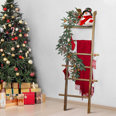Wooden Blanket Ladder with Shelf, 6-Tier 67in Farmhouse Blanket Rack with 5 Pegs, Leaning Wood Holder for Towels, Quilts & Throws, Storage & Display