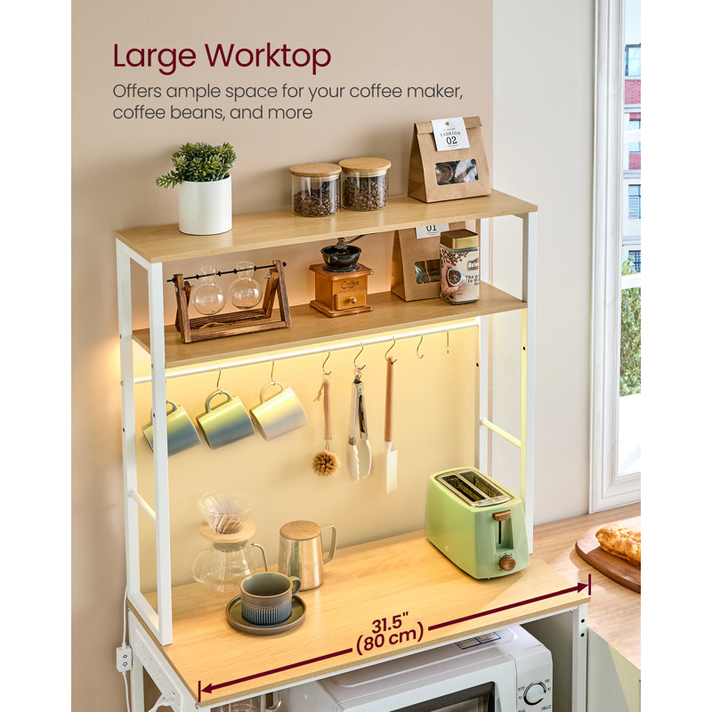 Coffee Bar With LED Lights, Kitchen Bakers Rack With Power Outlet, Microwave Stand With Adjustable Shelves, 8 Hooks, 40 X 80 X 168.4 Cm, Golden Oak And Matte White