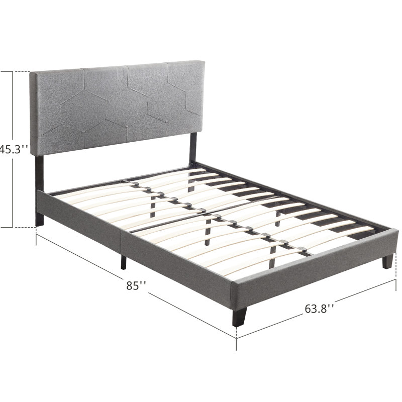 Lit tapissier grand, gris, avec support de lit en lattes de bois gris, offrant un confort optimal