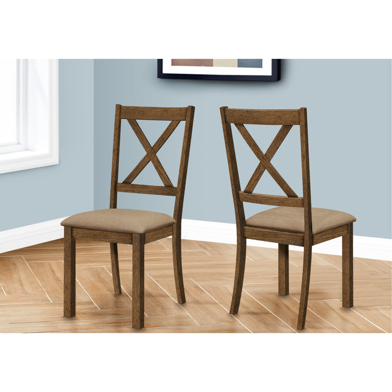 2 chaises de cuisine pour salle à manger, structure à finition noyer, siège rembourré brun, style transitionnel, rembourrage en mousse confortable de 2 tissus d'ameublement en bois, design pour la zone, sièges